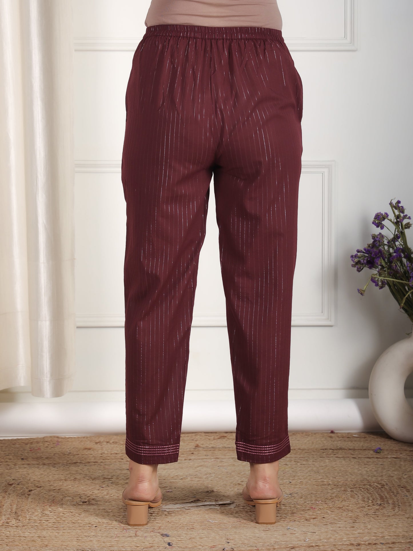 Embroidered Lurex Cotton Solid Brown Tapered Trousers