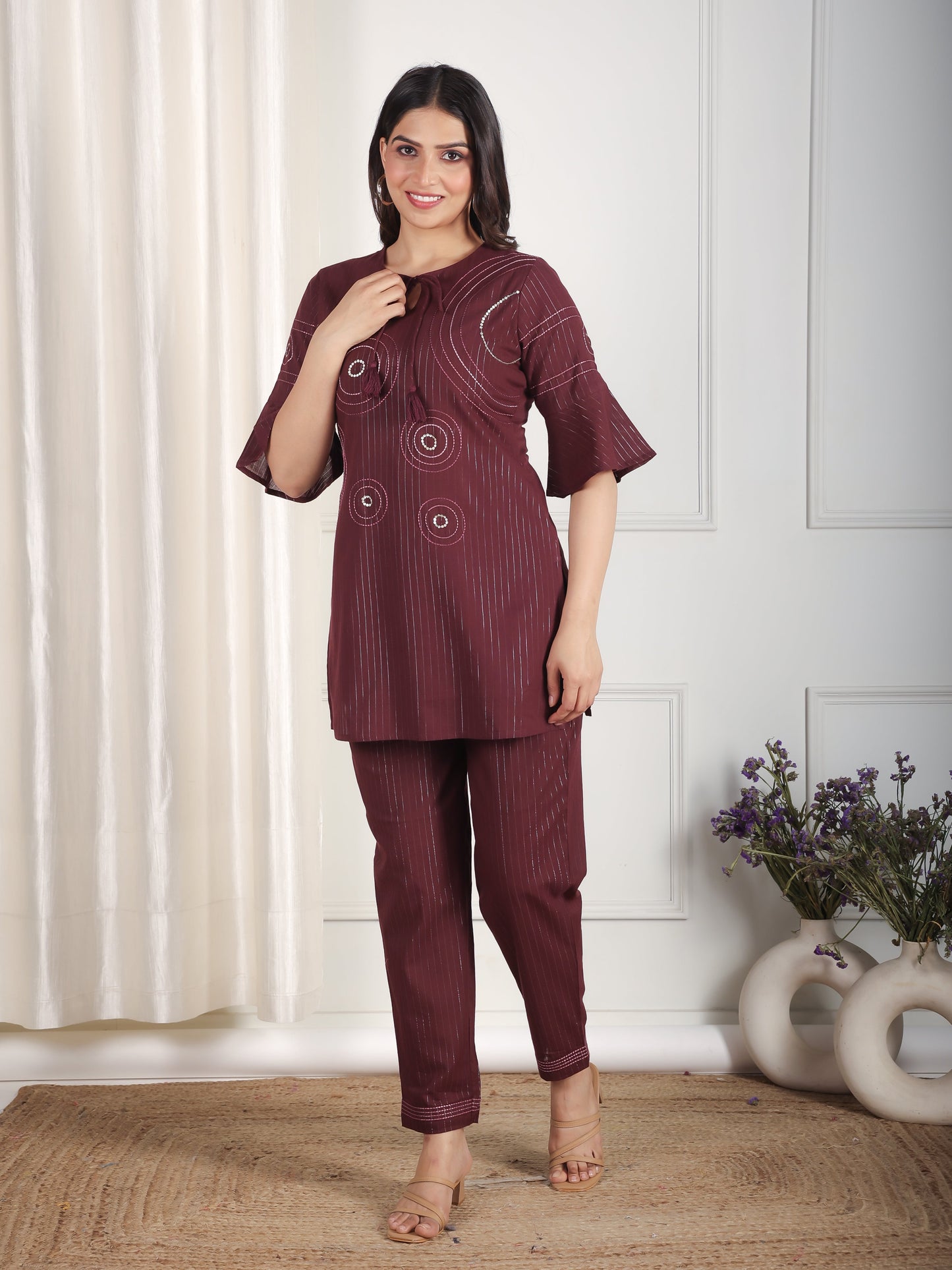 Embroidered Lurex Cotton Solid Straight Brown Kurta