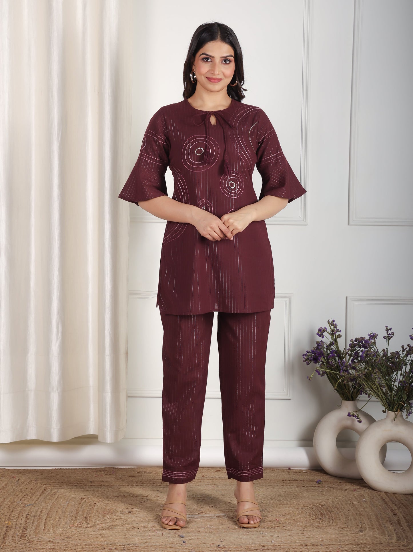 Embroidered Lurex Cotton Solid Straight Brown Kurta
