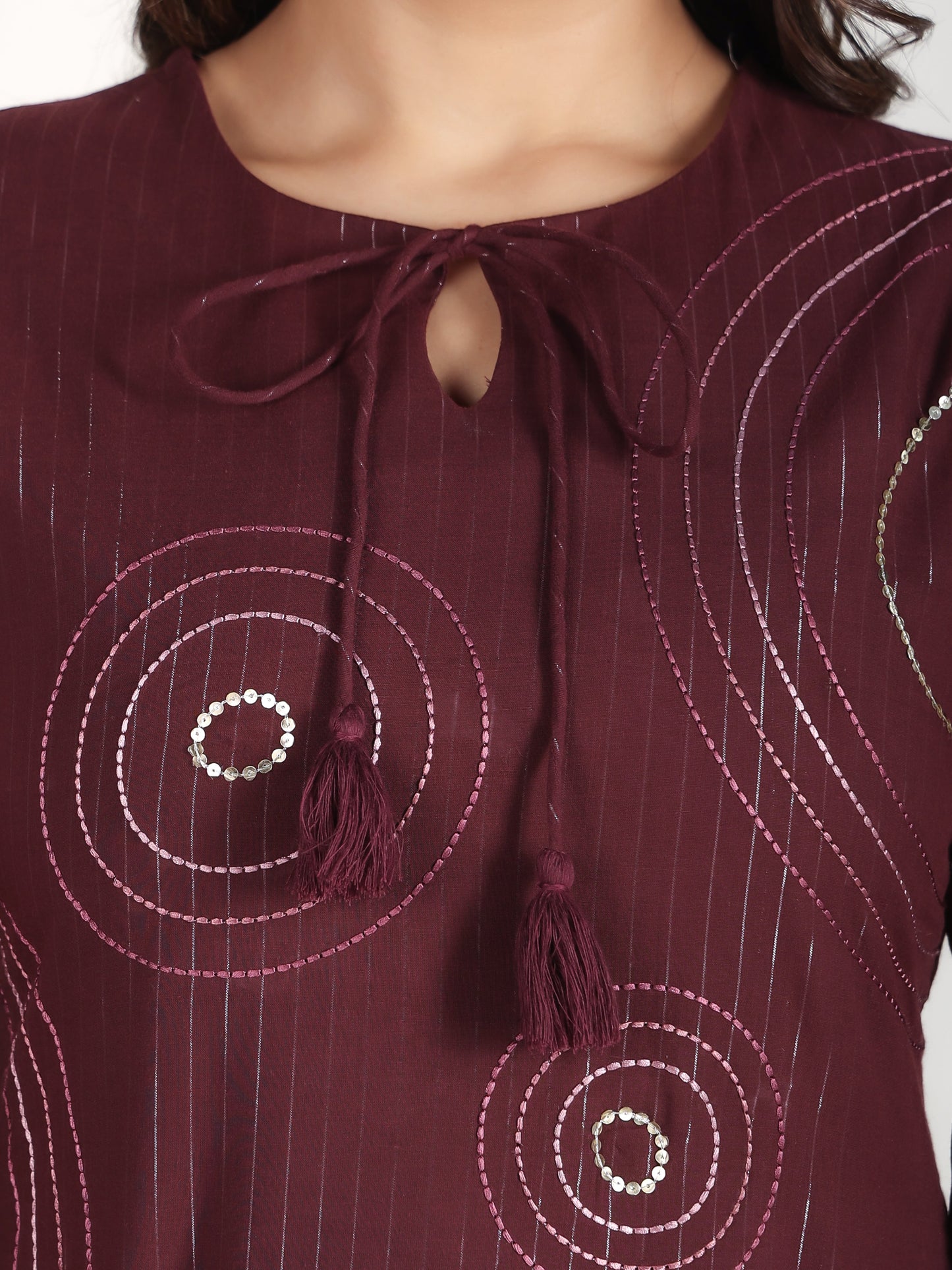 Embroidered Lurex Cotton Solid Straight Brown Kurta