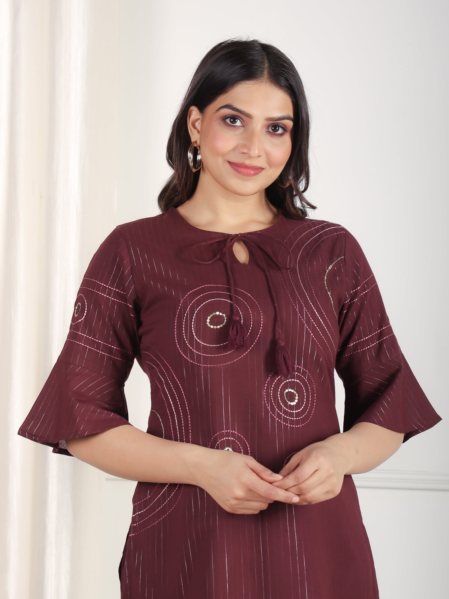 Embroidered Lurex Cotton Solid Straight Brown Kurta