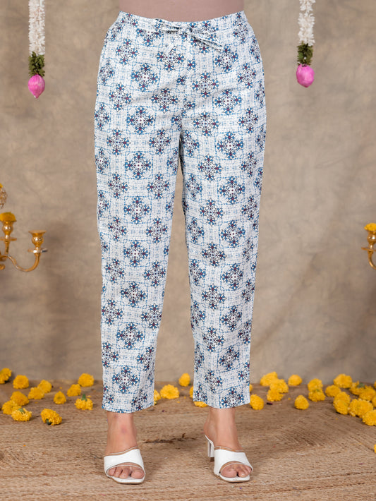 Soft Cotton Geometric White Tapered Trousers