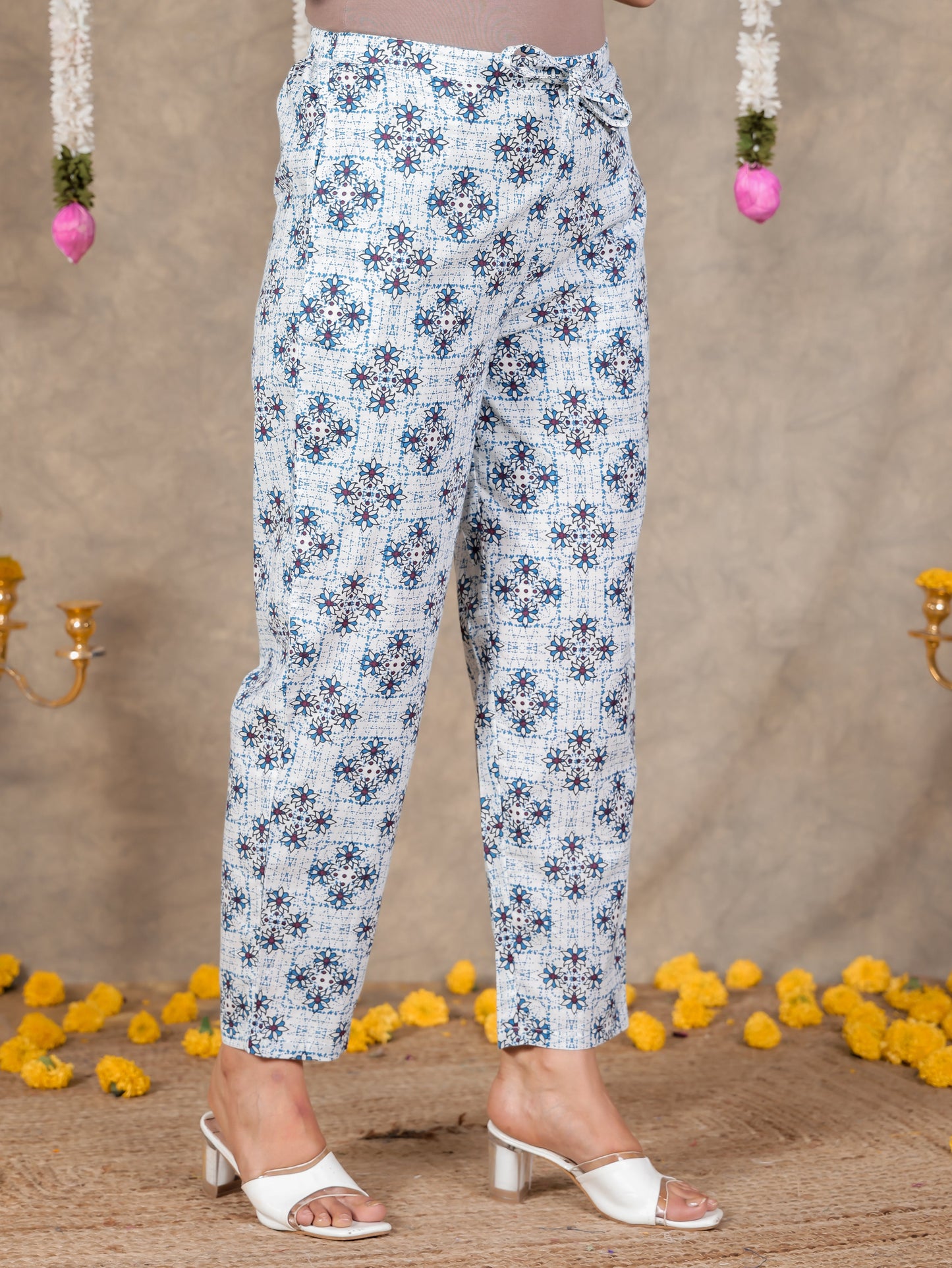 Soft Cotton Geometric White Tapered Trousers