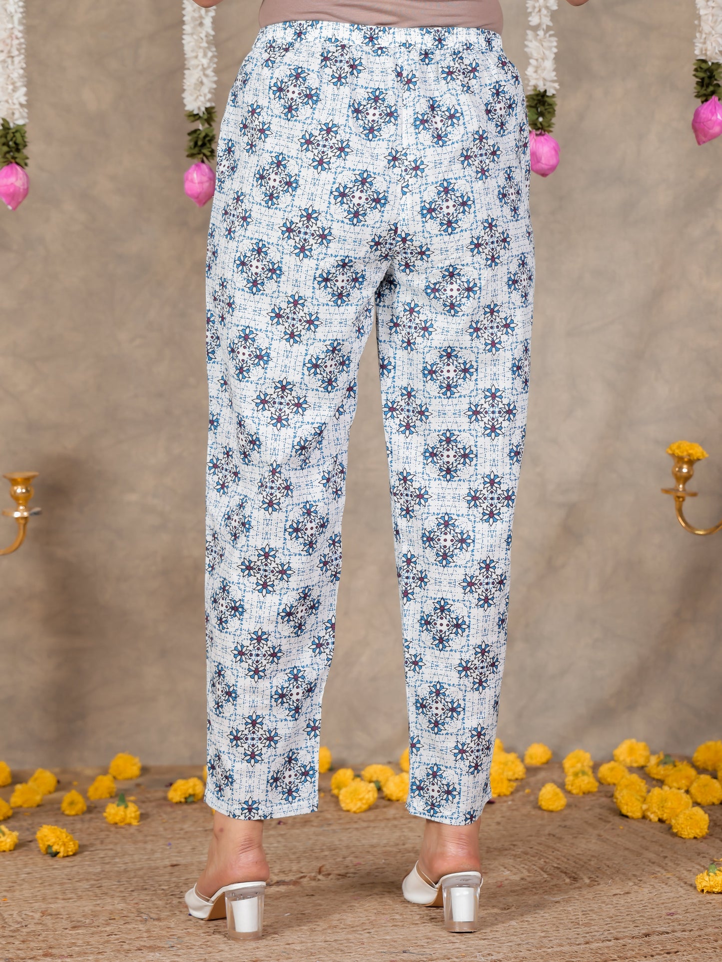 Soft Cotton Geometric White Tapered Trousers