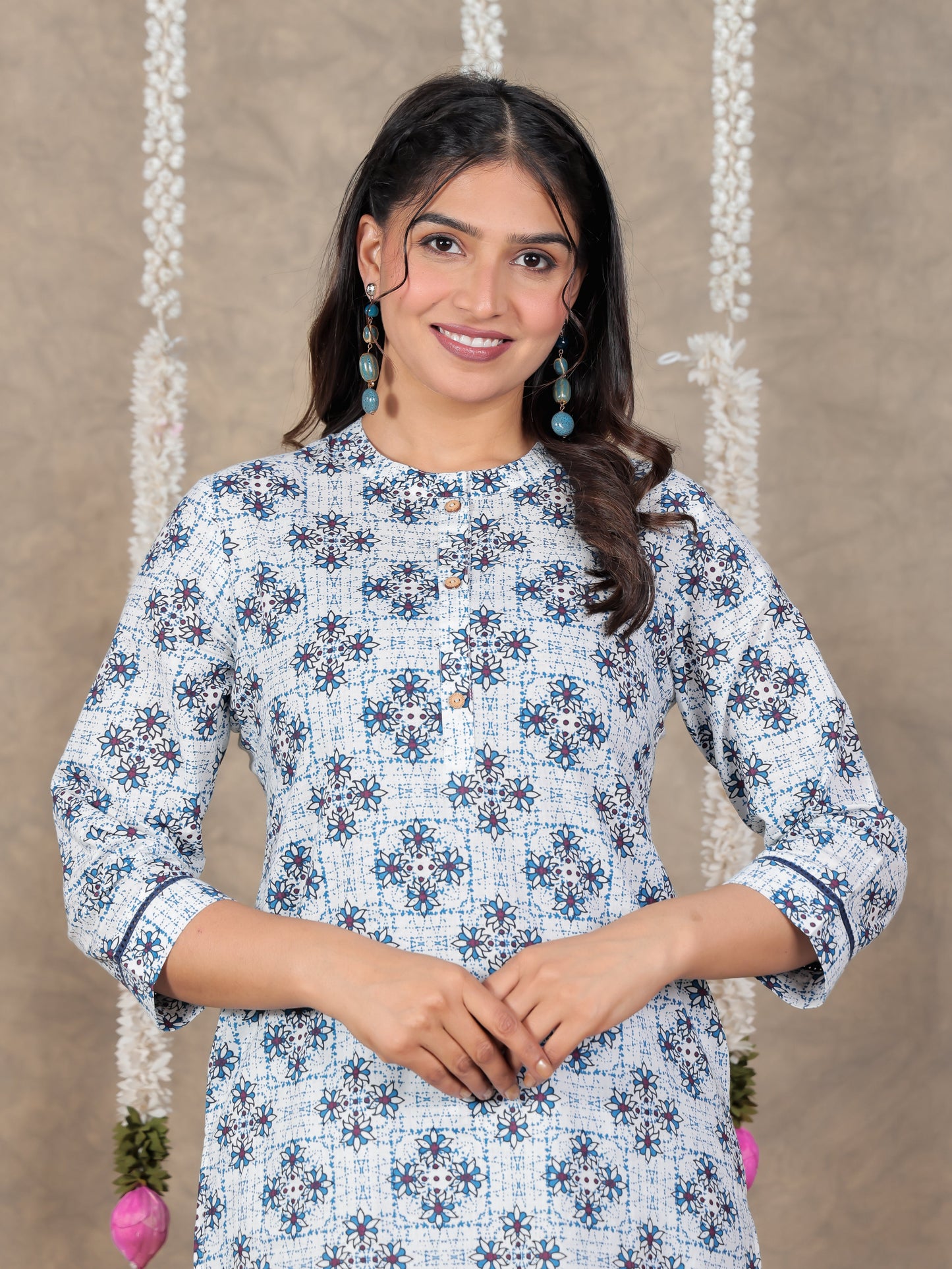 Soft Cotton Geometric Straight White Kurta