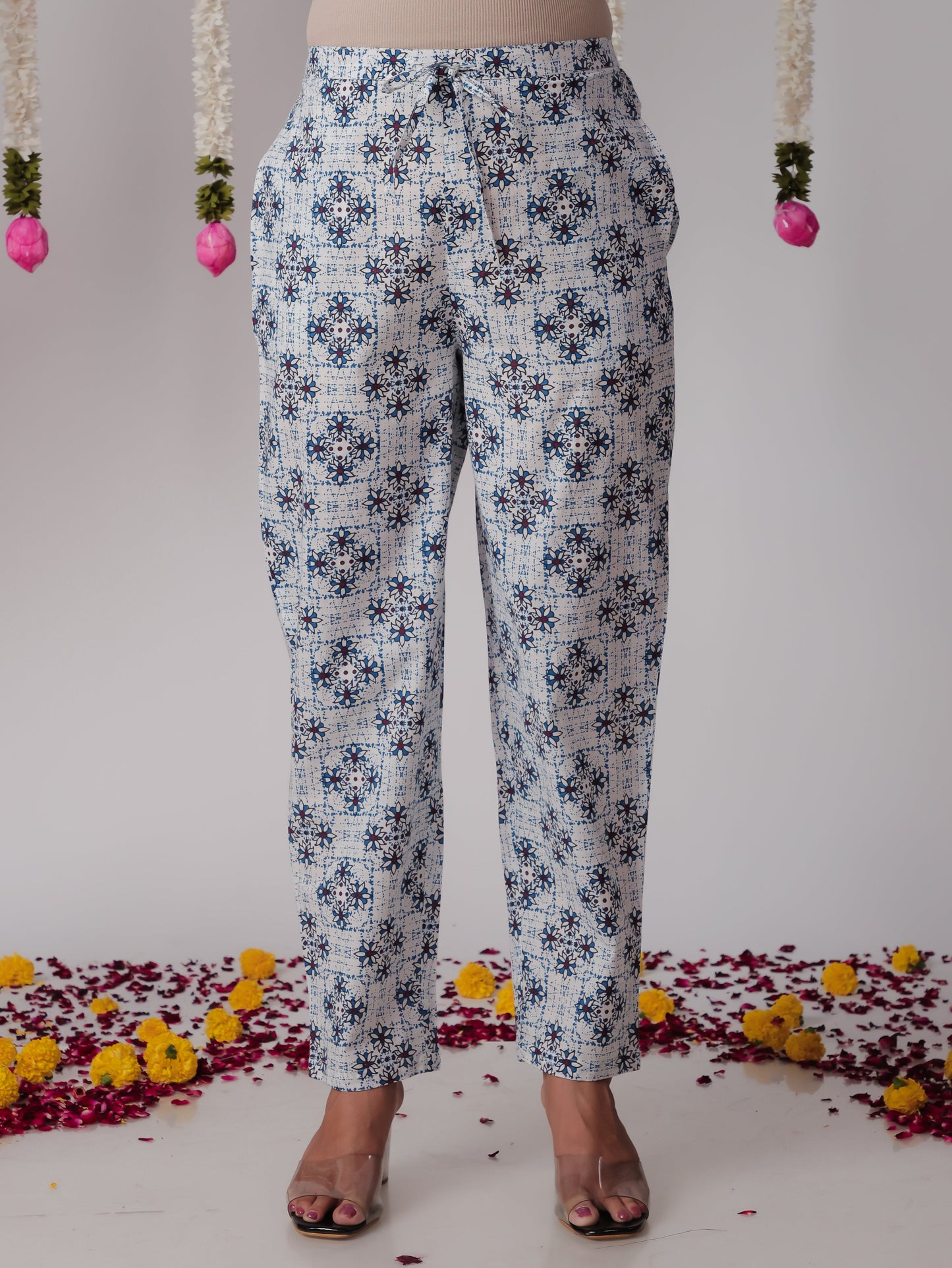 Soft Cotton Geometric White Tapered Trousers
