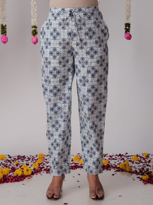 Soft Cotton Geometric White Tapered Trousers