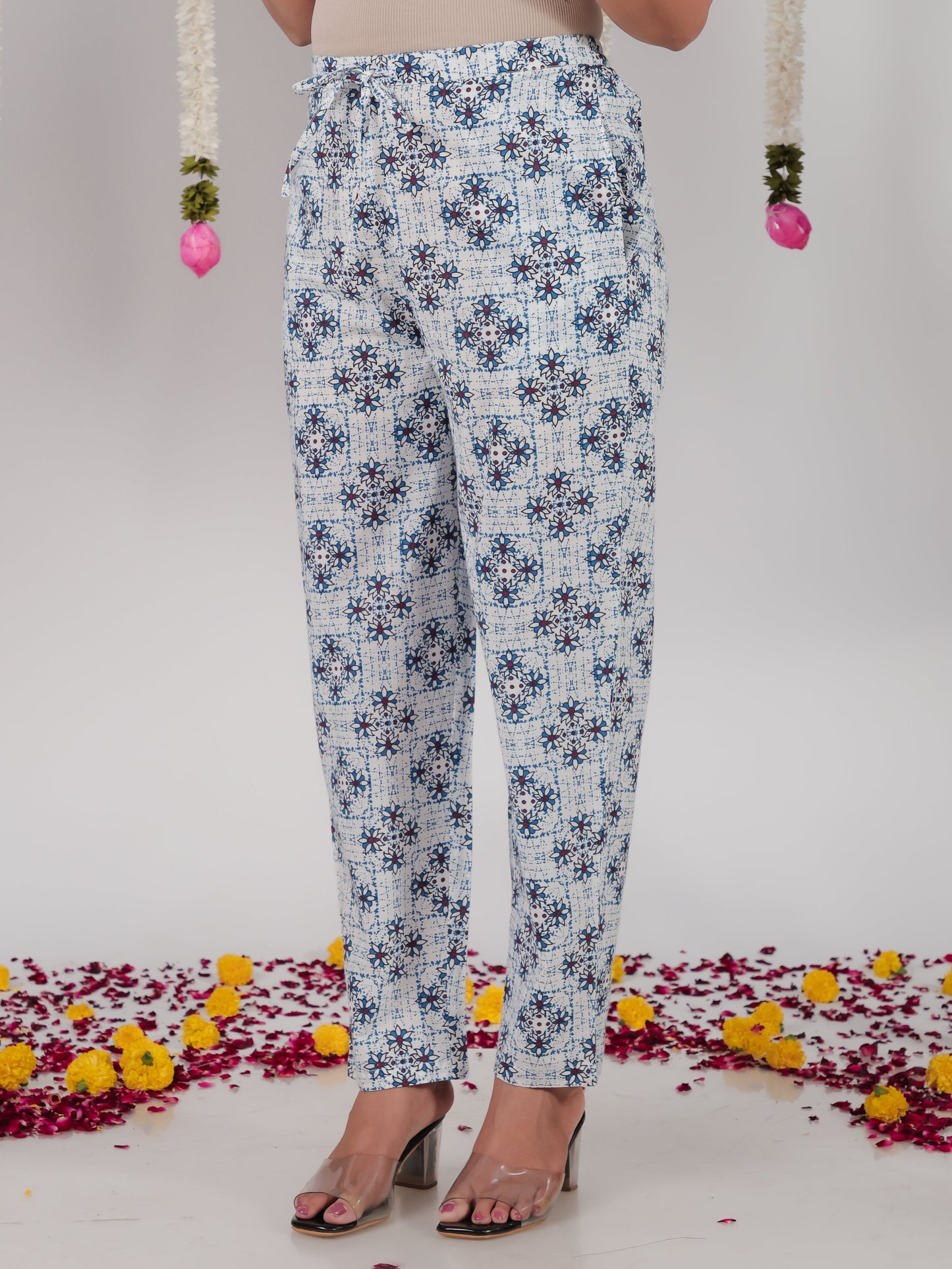 Soft Cotton Geometric White Tapered Trousers