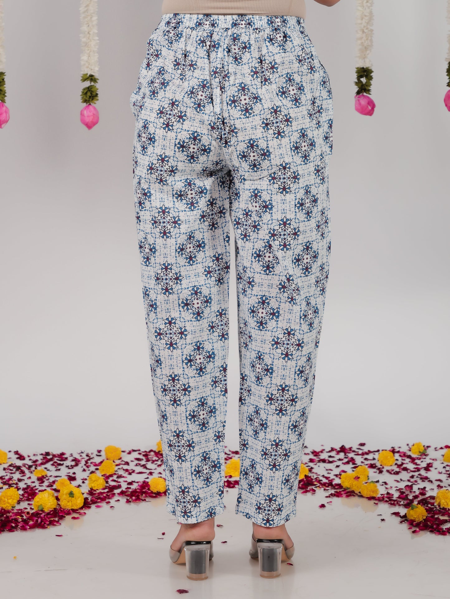 Soft Cotton Geometric White Tapered Trousers