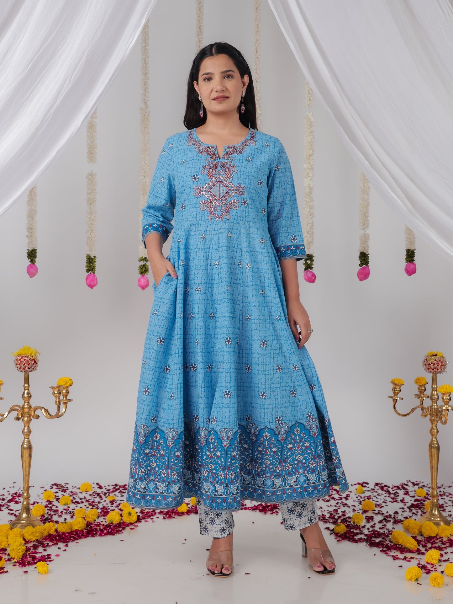 Embroidered Soft Cotton Geometric Anarkali Blue Kurta