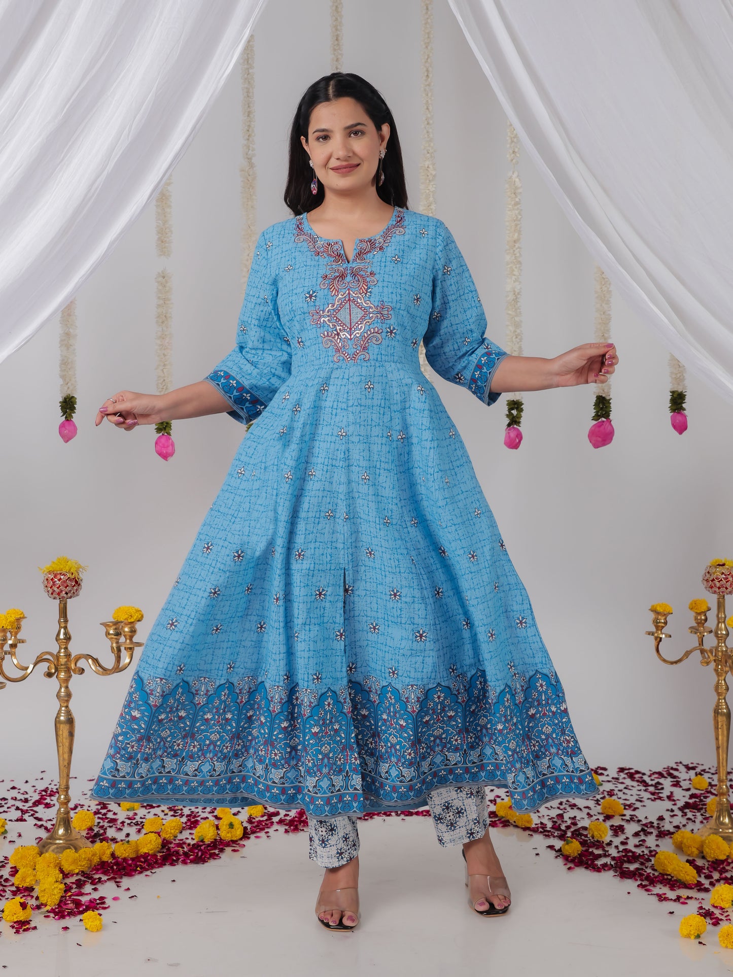 Embroidered Soft Cotton Geometric Anarkali Blue Kurta