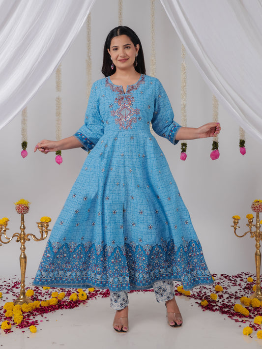 Embroidered Soft Cotton Geometric Anarkali Blue Kurta