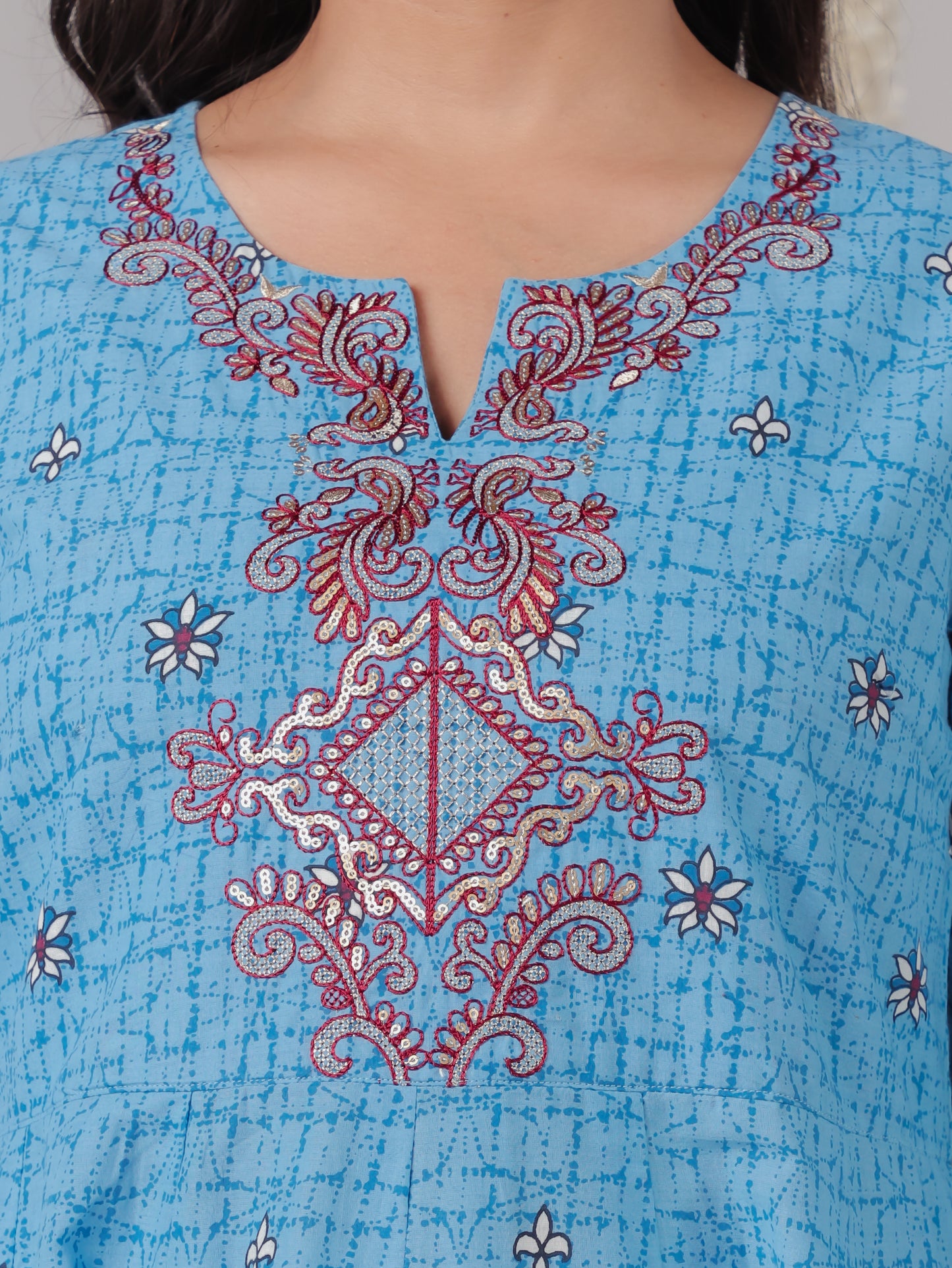 Embroidered Soft Cotton Geometric Anarkali Blue Kurta