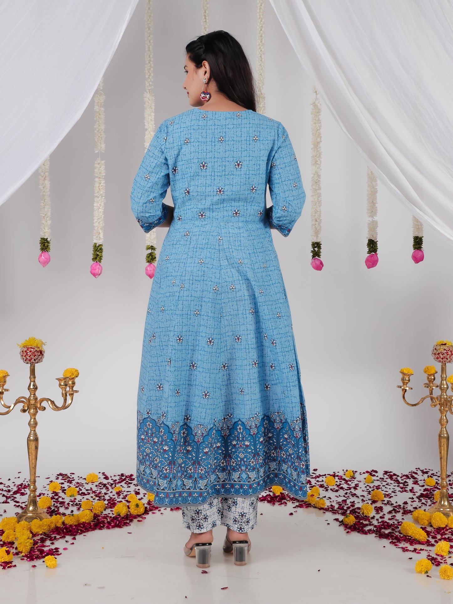 Embroidered Soft Cotton Geometric Anarkali Blue Kurta