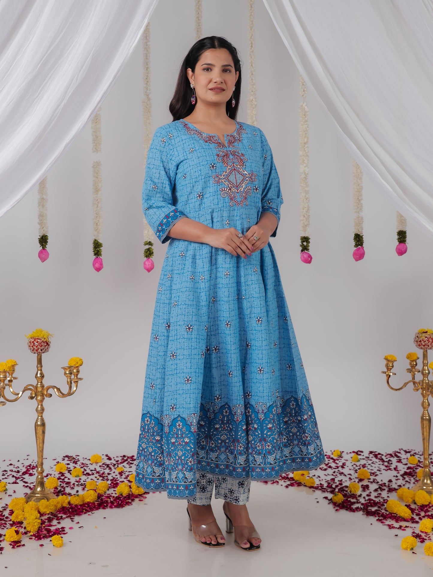 Embroidered Soft Cotton Geometric Anarkali Blue Kurta