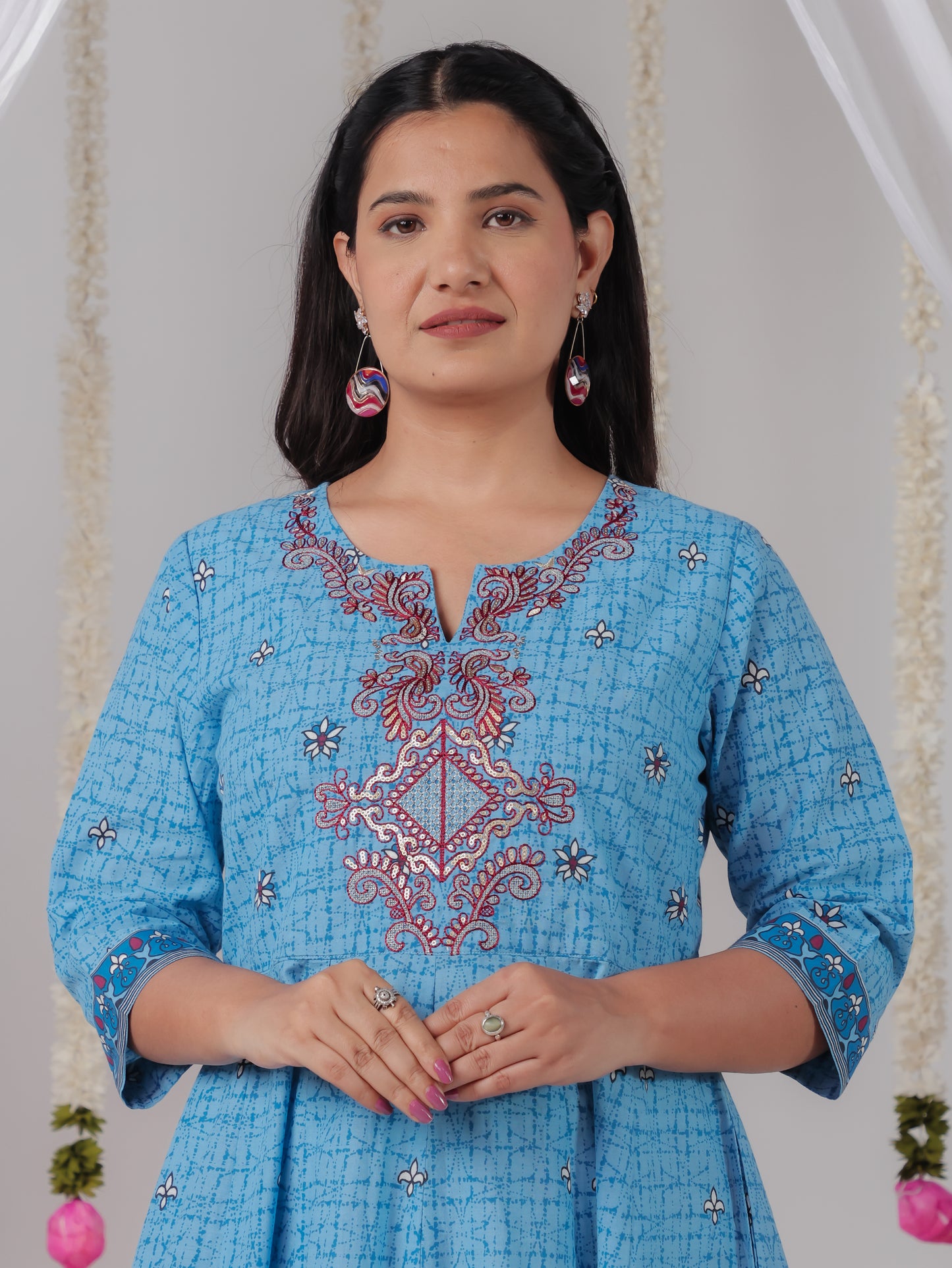Embroidered Soft Cotton Geometric Anarkali Blue Kurta