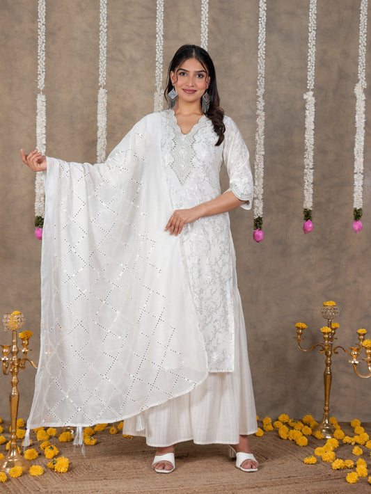 Embroidered Chanderi Solid White Dupatta