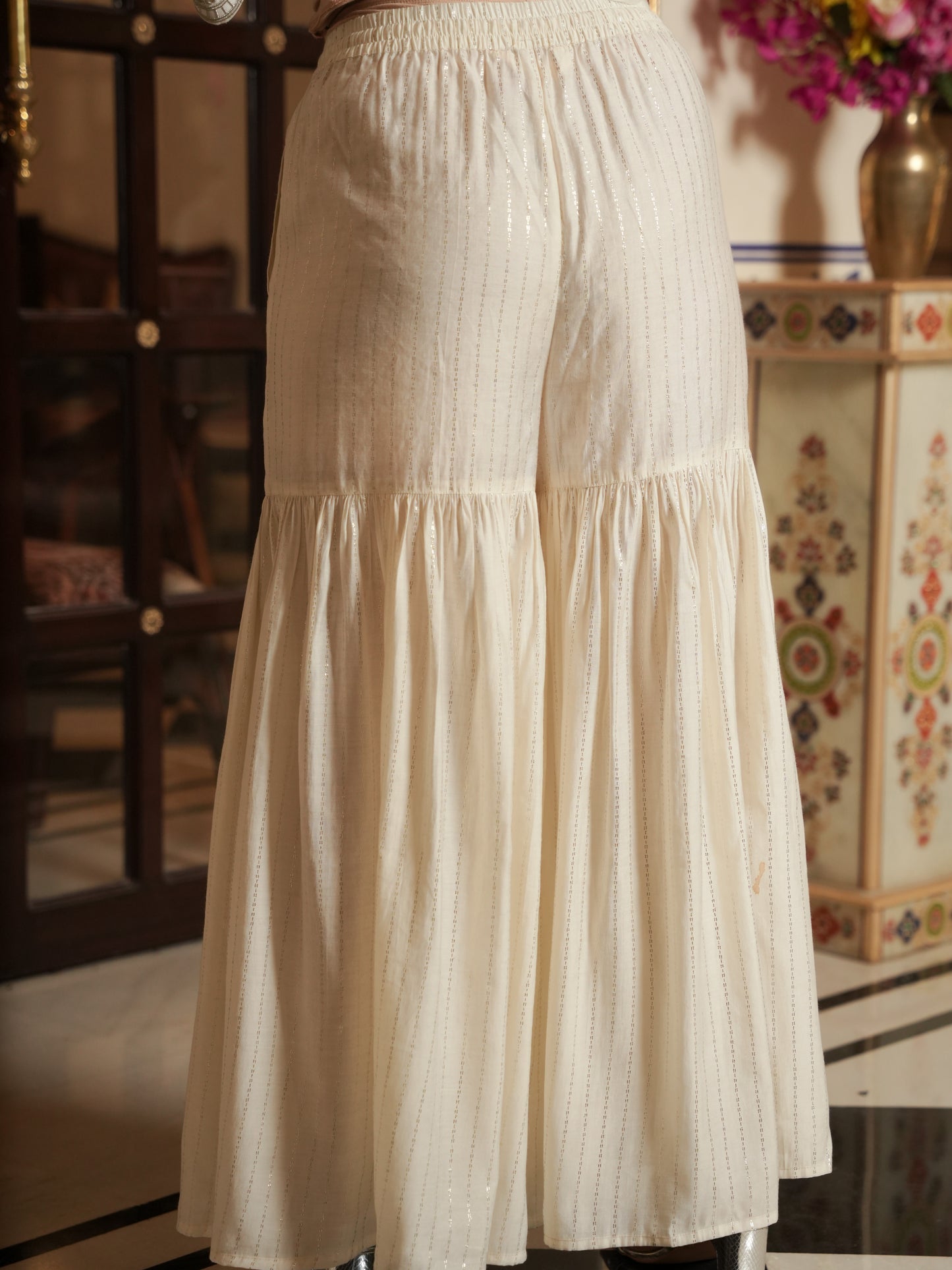 Embroidered Chanderi Gold foil Straight White Kurta