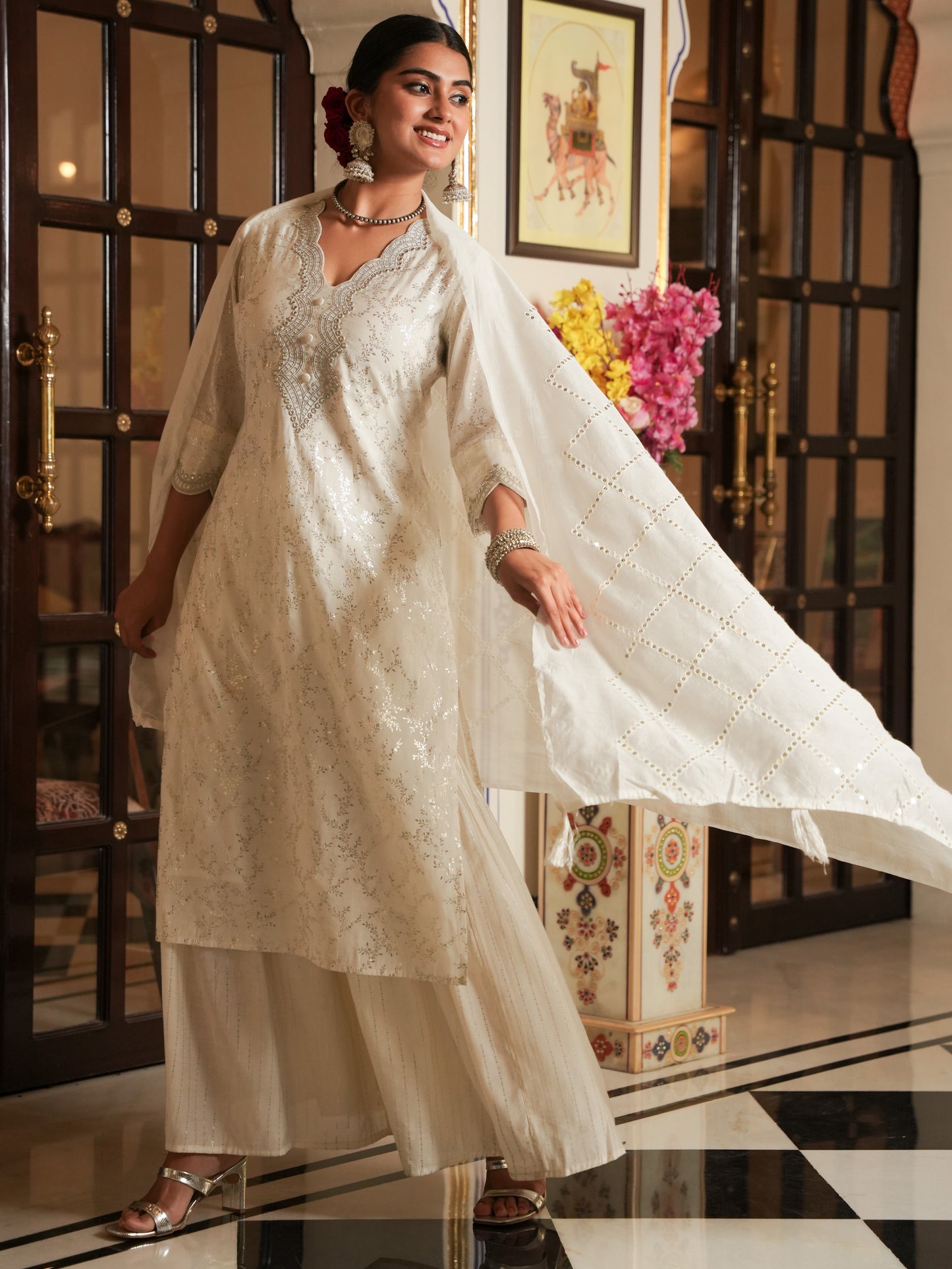 Embroidered Chanderi Gold foil Straight White Kurta