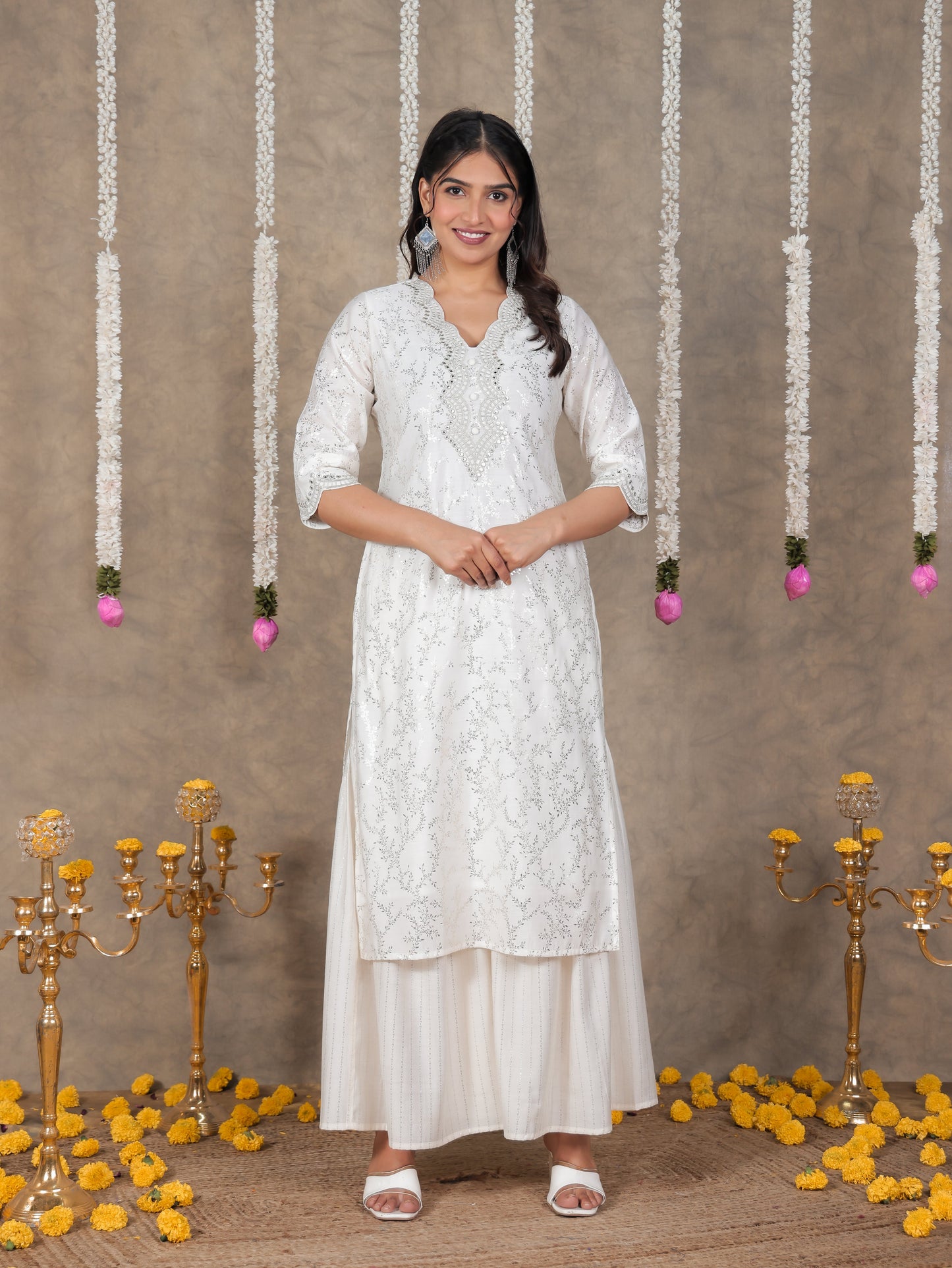 Embroidered Roman Silk Gold foil Straight White Kurta