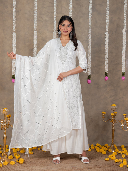 Embroidered Roman Silk Gold foil Straight White Kurta