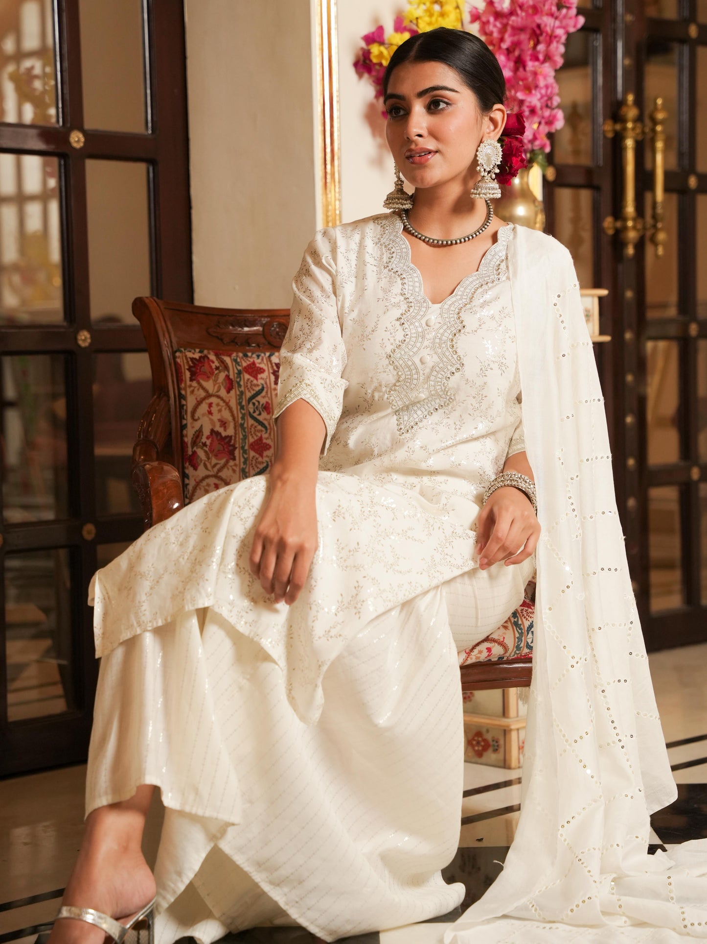 Embroidered Chanderi Gold foil Straight White Kurta