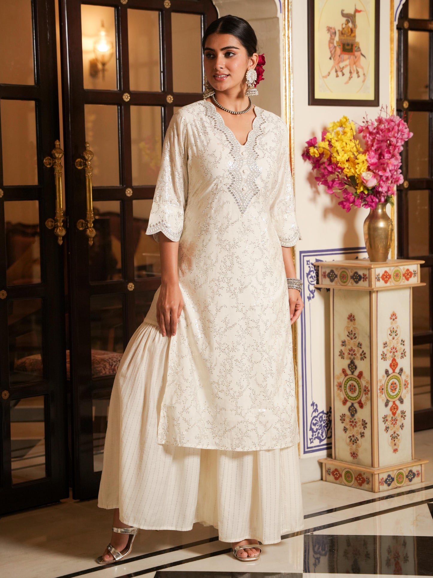 Embroidered Chanderi Gold foil Straight White Kurta