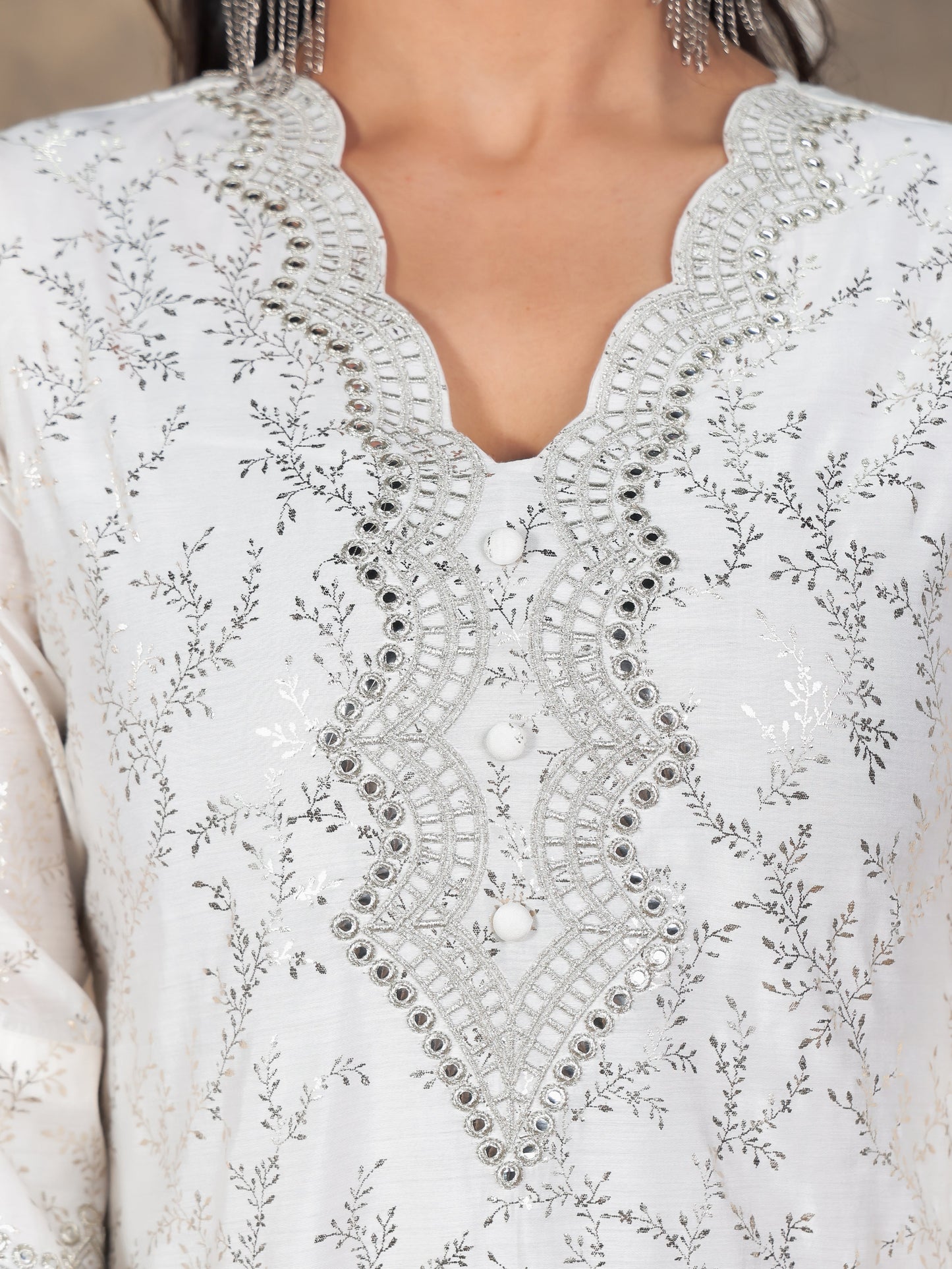 Embroidered Roman Silk Gold foil Straight White Kurta