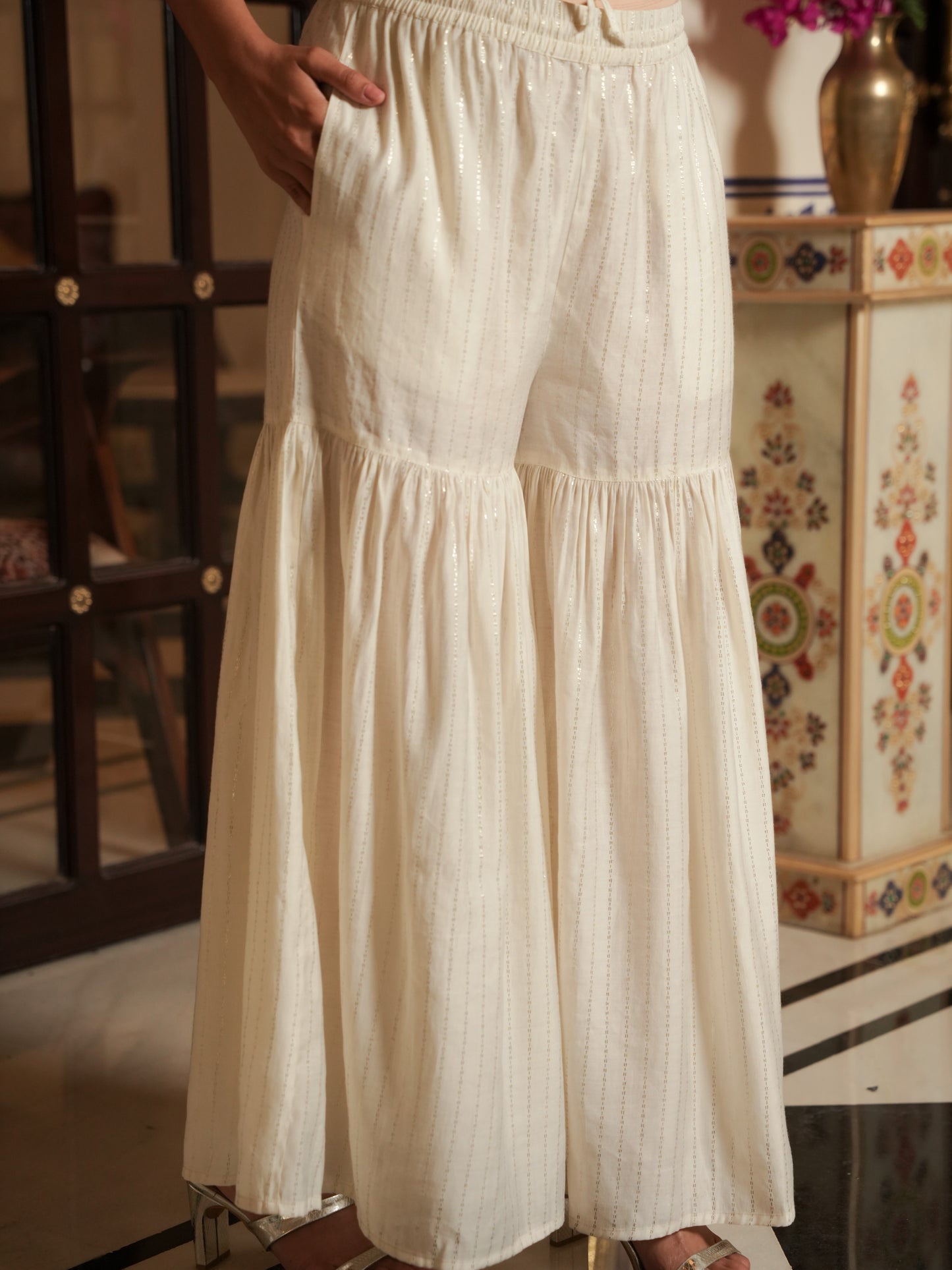 Embroidered Chanderi Gold foil Straight White Kurta