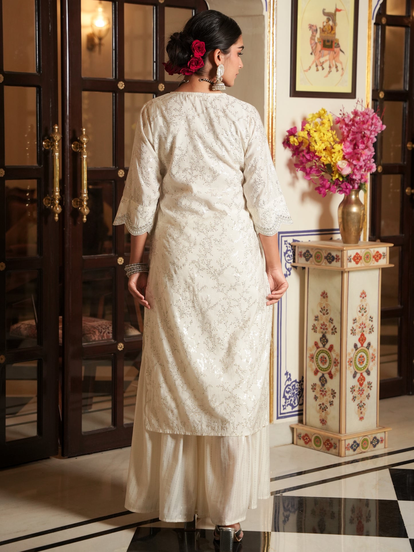 Embroidered Chanderi Gold foil Straight White Kurta