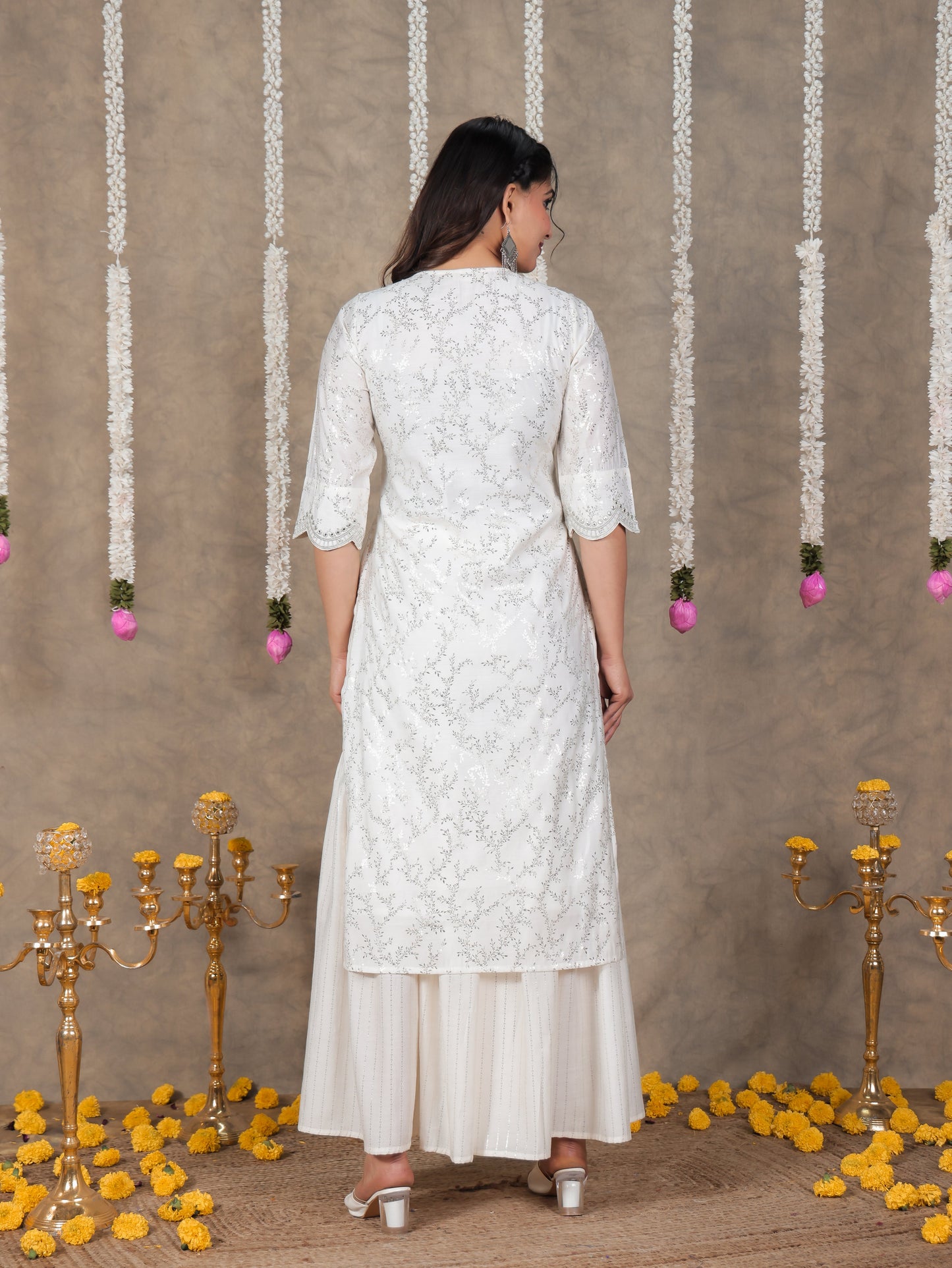 Embroidered Roman Silk Gold foil Straight White Kurta