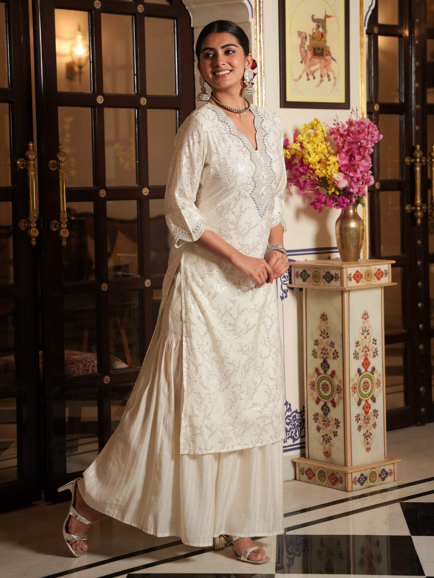 Embroidered Chanderi Gold foil Straight White Kurta