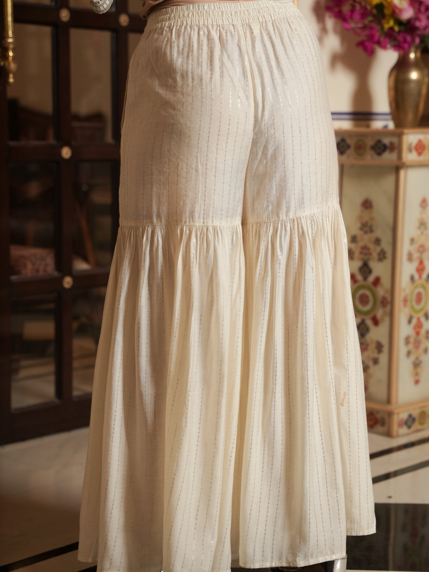 Embroidered Chanderi Gold foil Straight White Kurta
