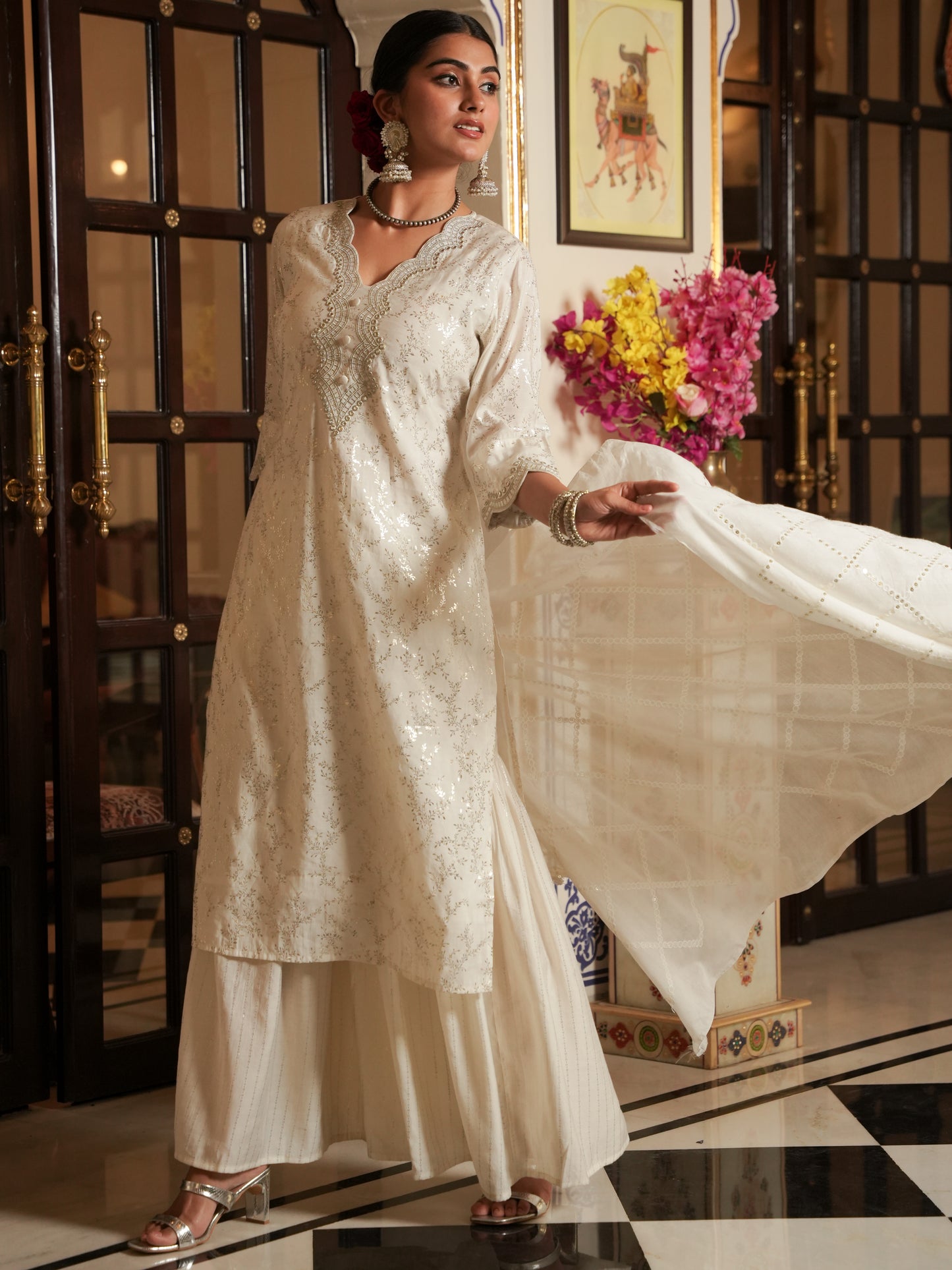 Embroidered Chanderi Gold foil Straight White Kurta