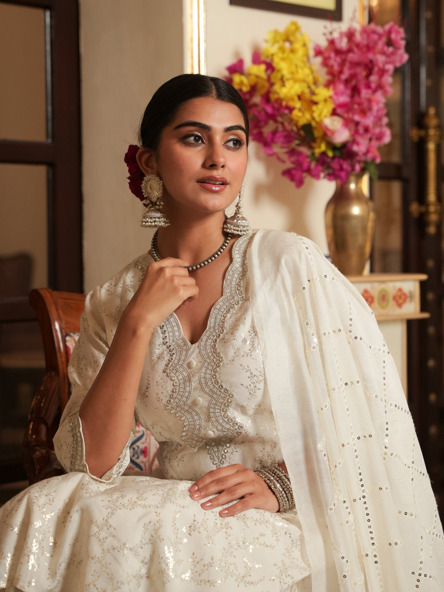 Embroidered Chanderi Gold foil Straight White Kurta
