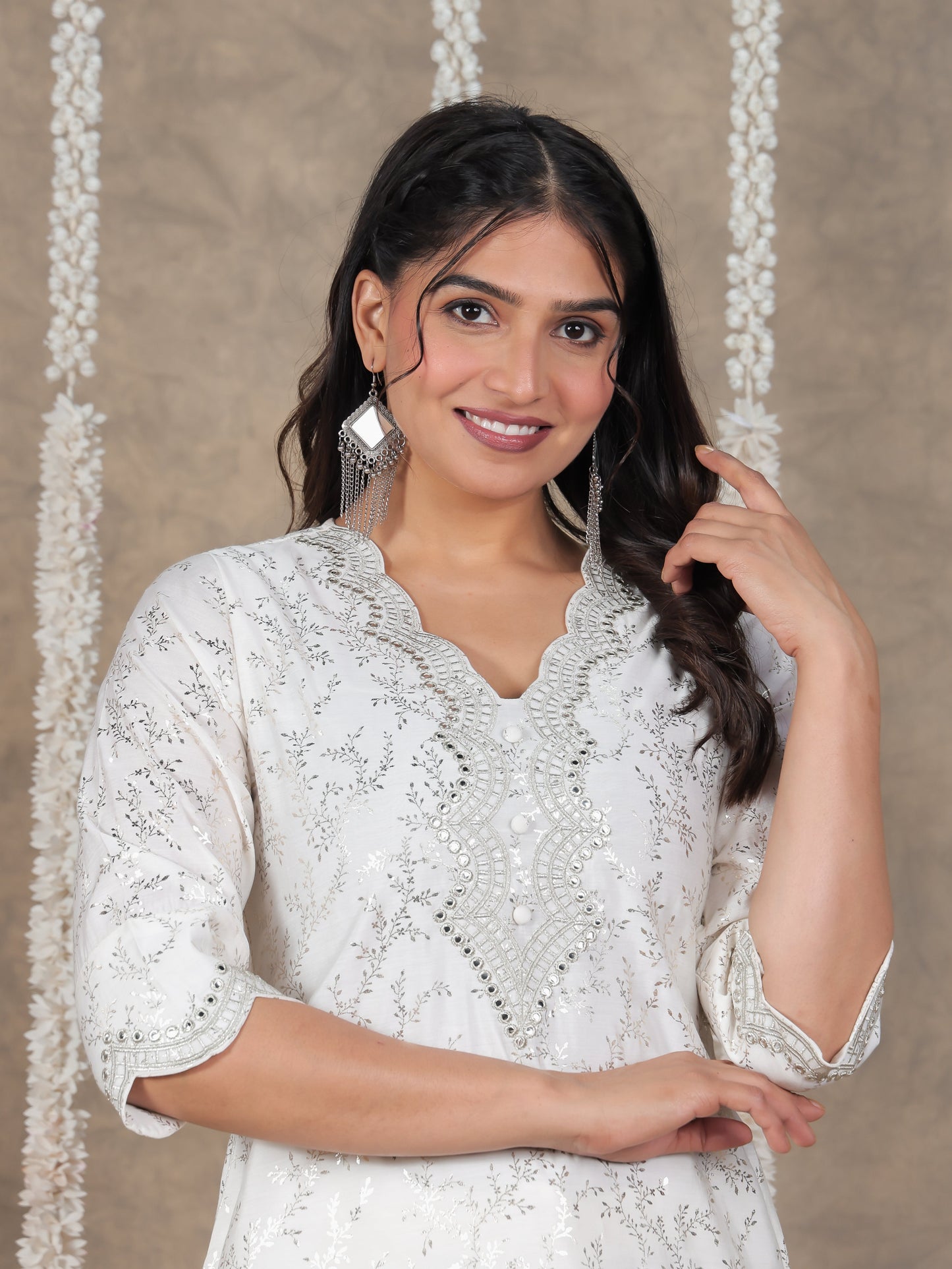 Embroidered Roman Silk Gold foil Straight White Kurta