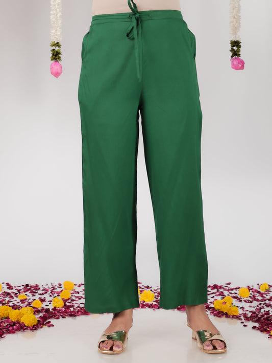 Viscose Solid Green Straight Trousers