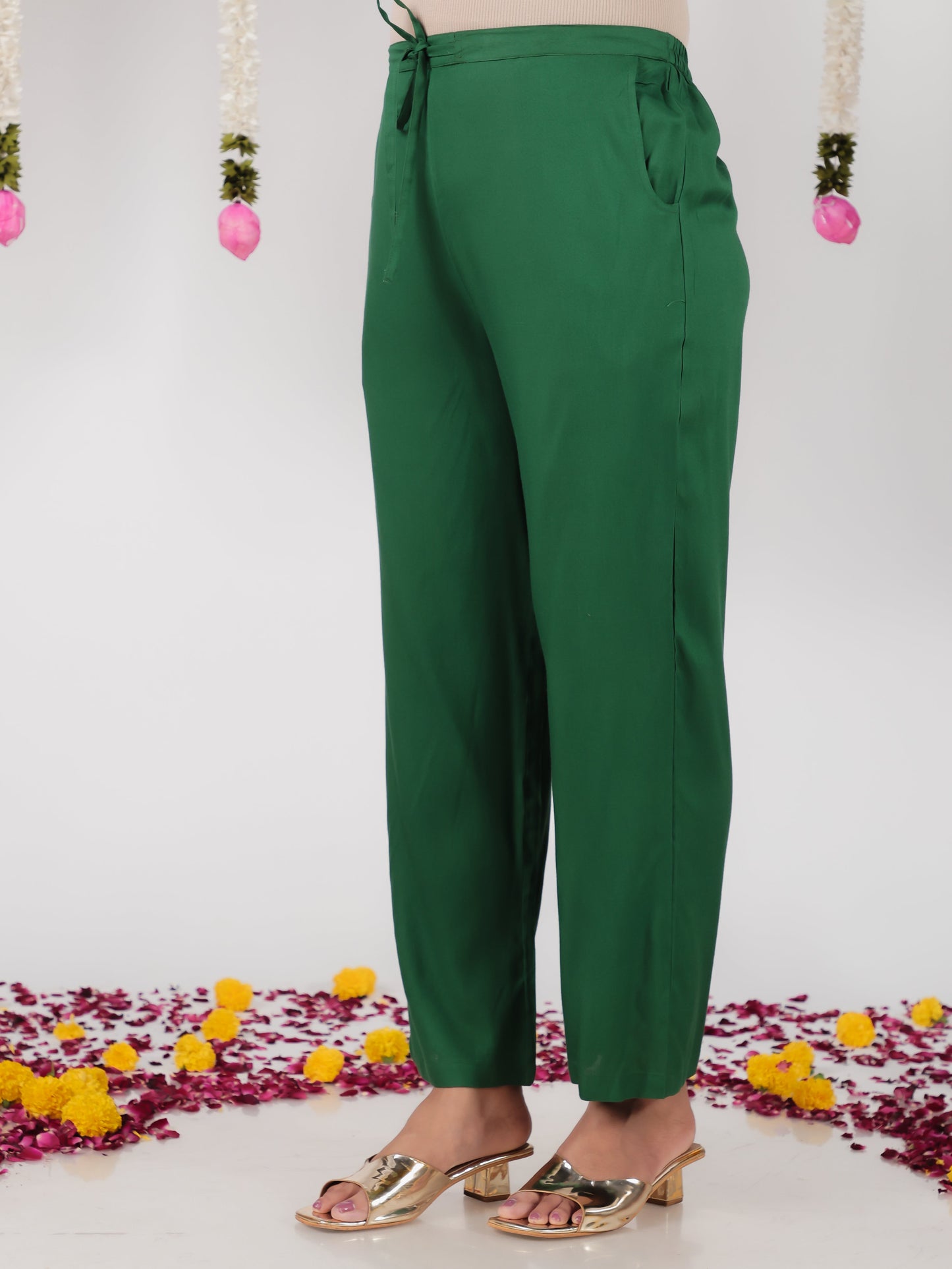 Viscose Solid Green Straight Trousers