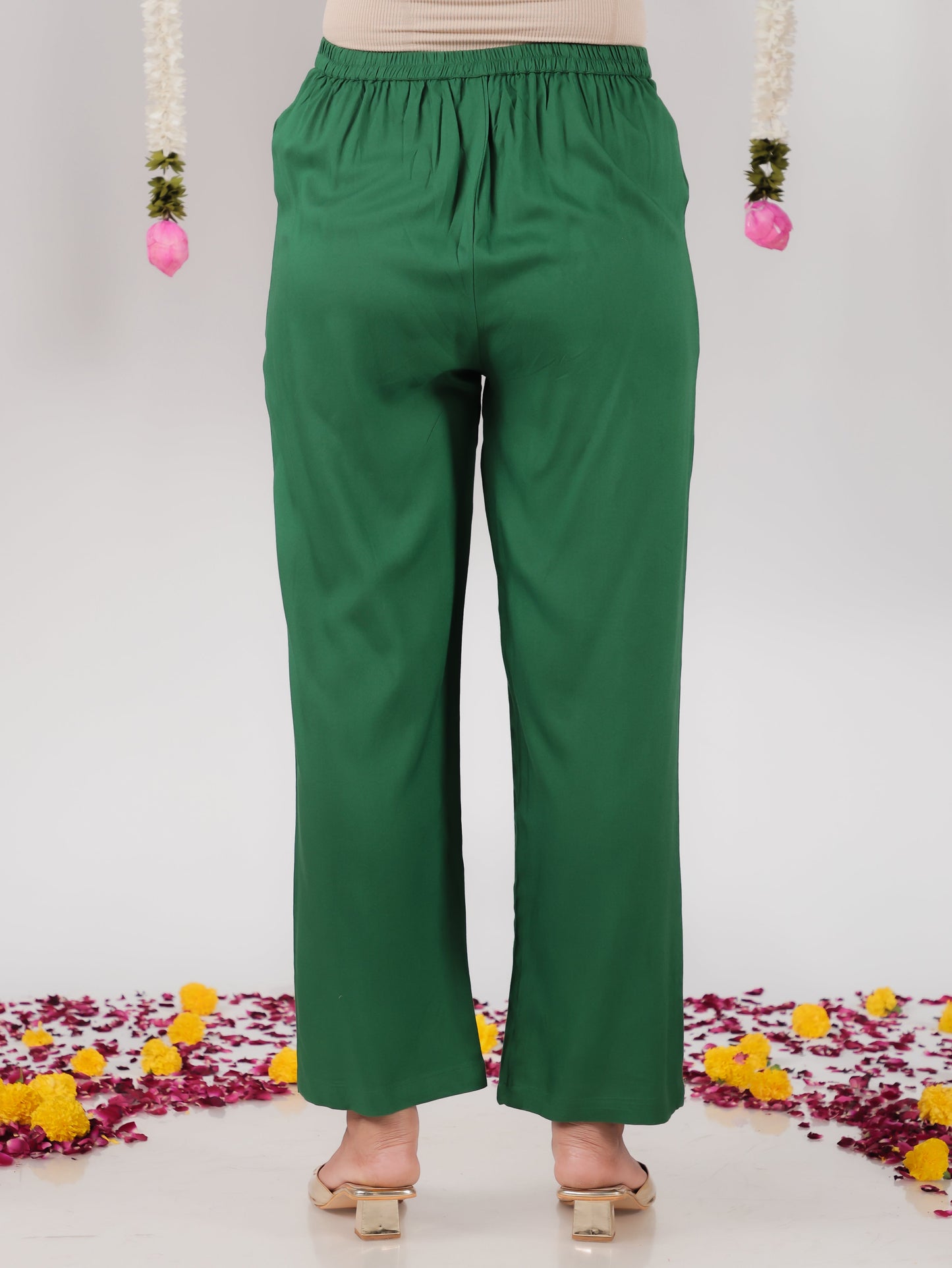 Viscose Solid Green Straight Trousers