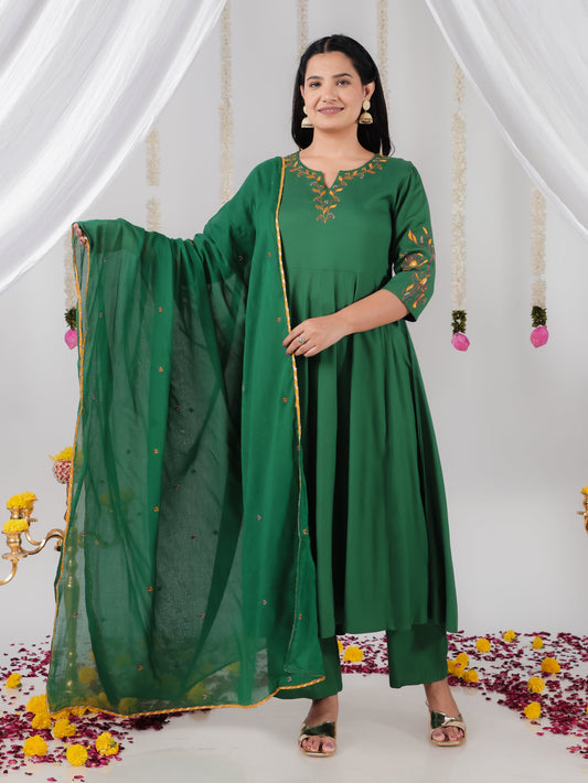 Embroidered Cotton Voile Solid Green Dupatta