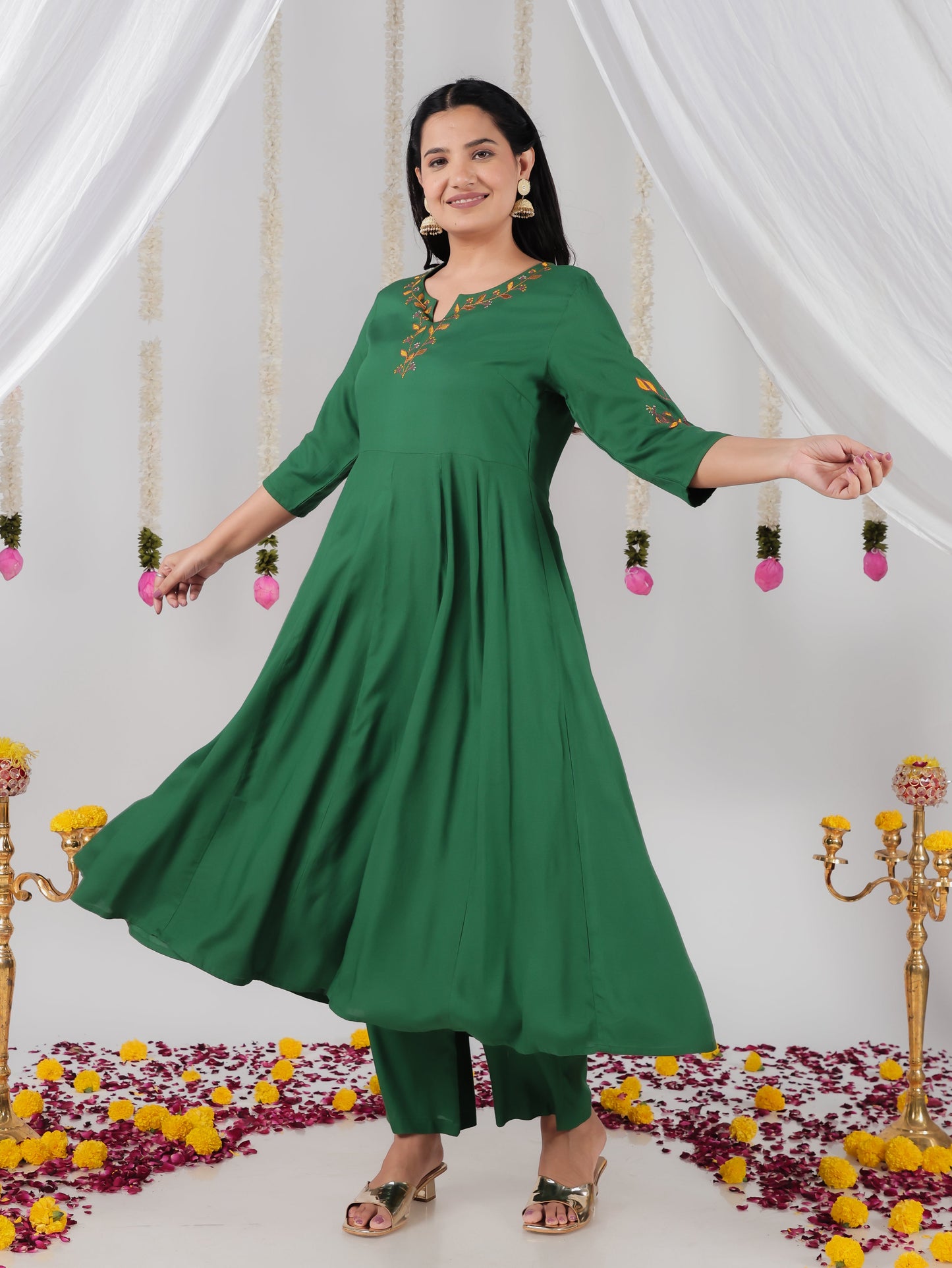 Embroidered Viscose Solid Anarkali Sea Green Kurta