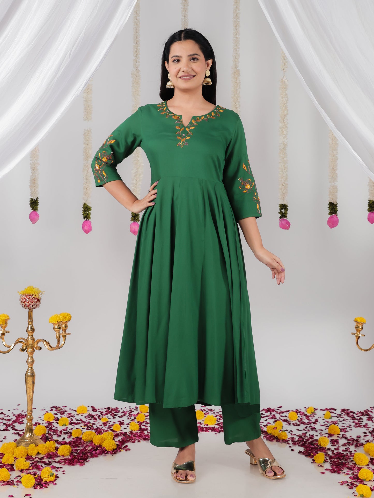 Embroidered Viscose Solid Anarkali Sea Green Kurta