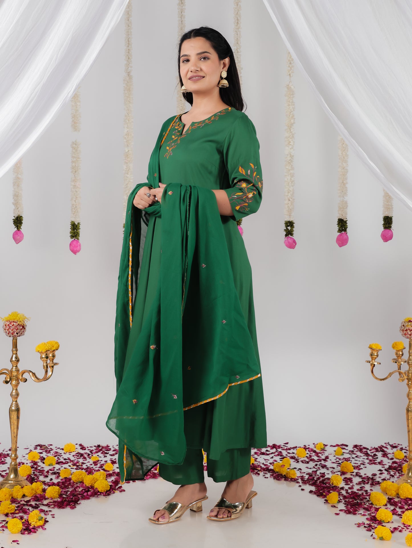 Embroidered Viscose Solid Anarkali Sea Green Kurta