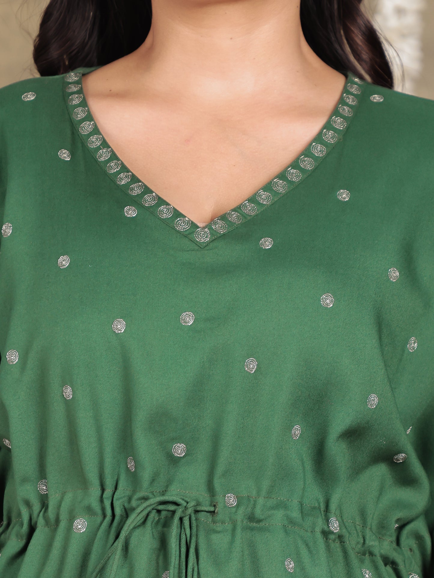 Embroidered Viscose Solid Kaftan Green Kurta