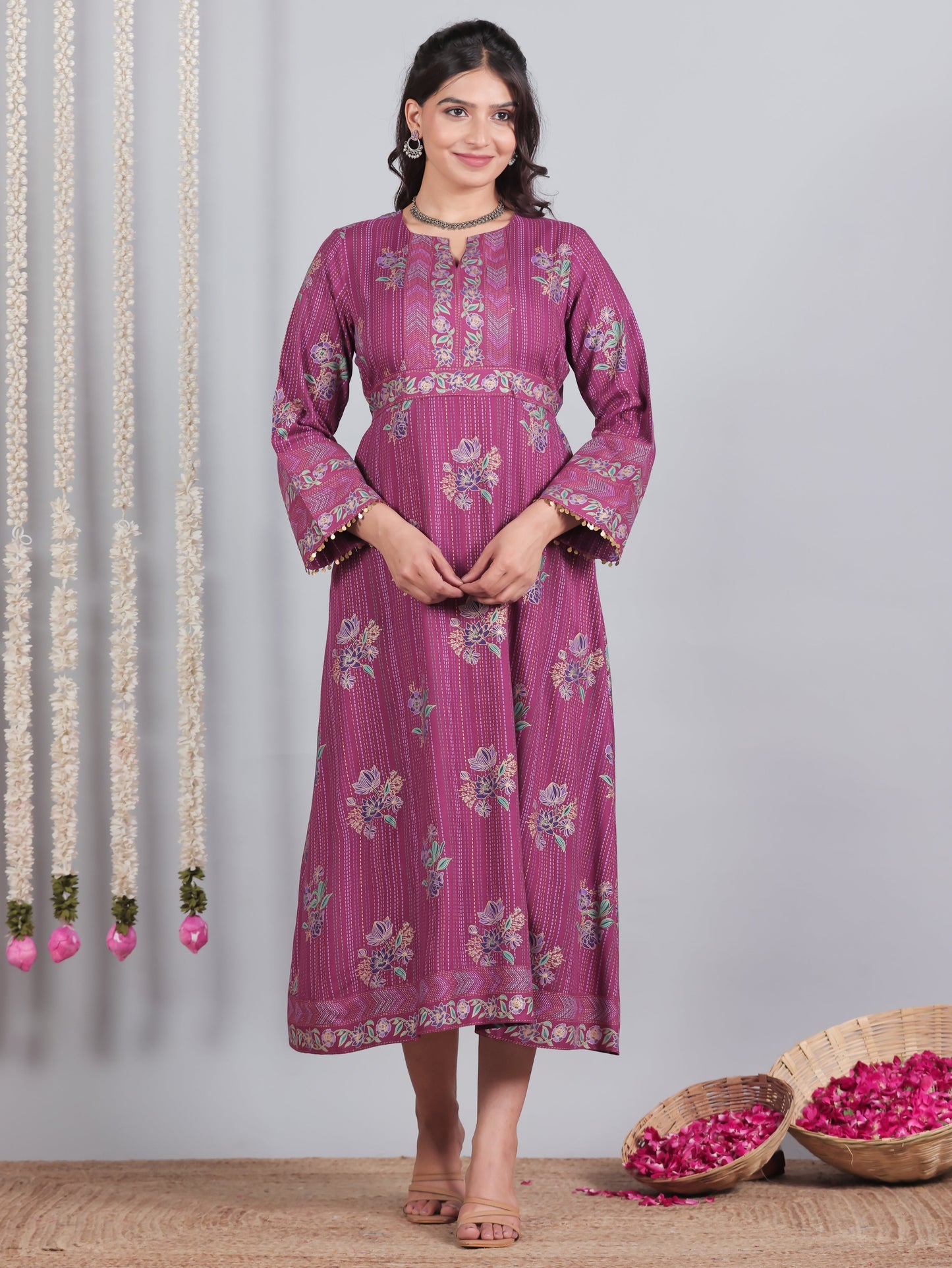 Viscose Floral Flared Purple Dress