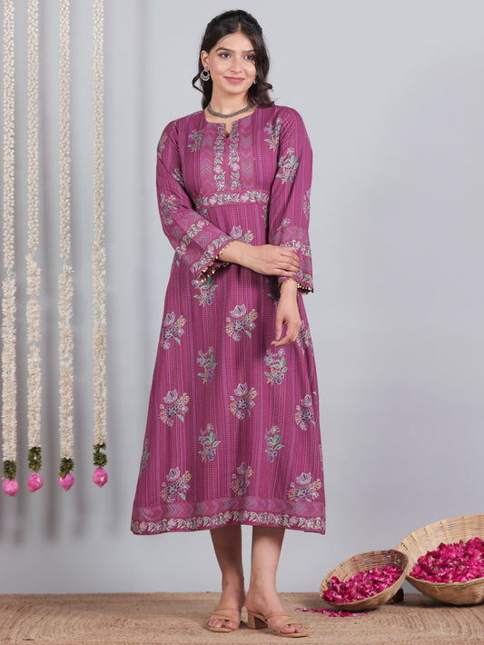 Viscose Floral Flared Purple Dress