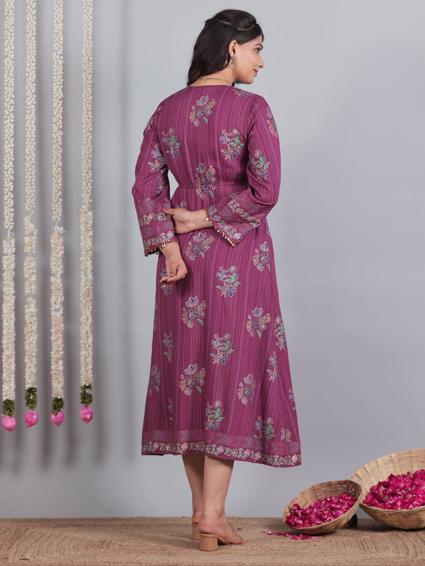 Viscose Floral Flared Purple Dress
