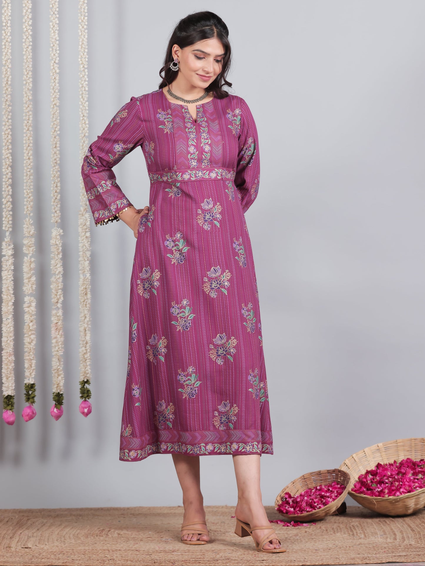 Viscose Floral Flared Purple Dress