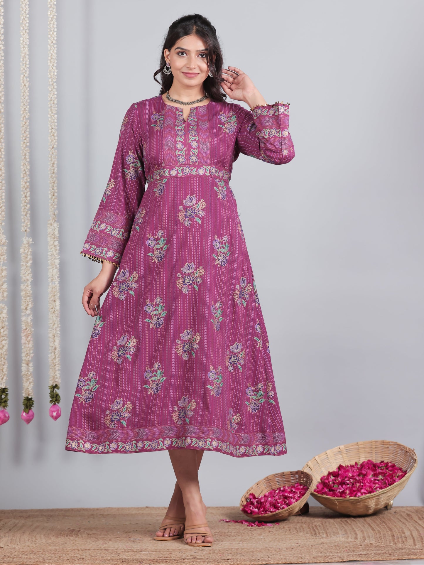 Viscose Floral Flared Purple Dress