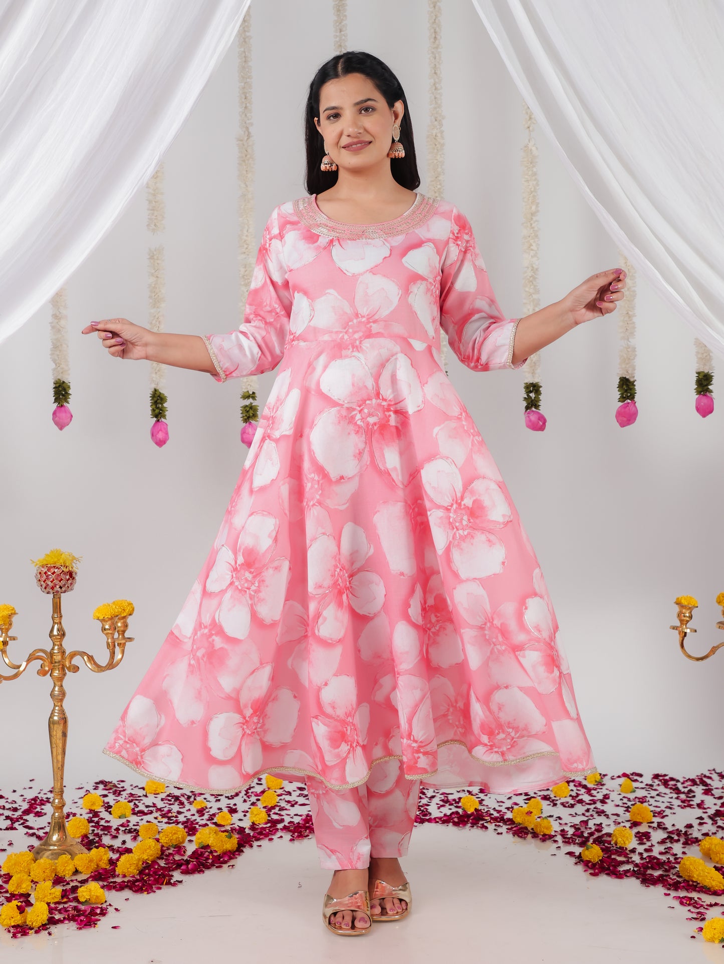 Embroidered Roman silk Floral Anarkali Pink Kurta